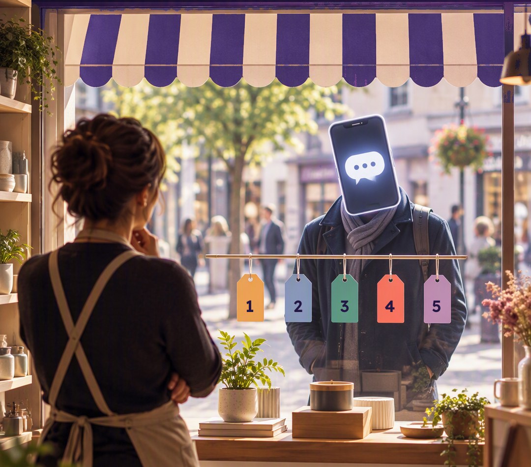 A shopkeeper inside a shop looks out at a window shopper whose head is a smartphone showing a chat bubble. Five numbered tags hang in the window.